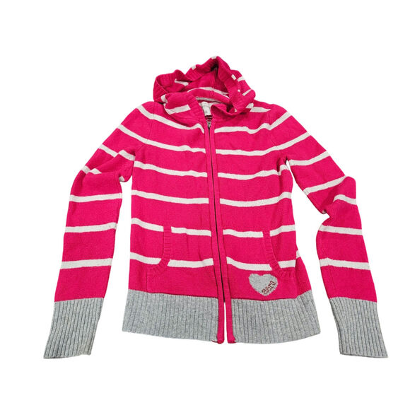 Vintage y2k Aeropostale Pink White Striped Hoodie Jacket Size L Women's - Picture 1 of 5